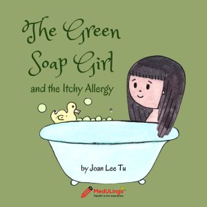 alt="The cover of The Green Soap Girl and the Itchy Allergy featuring a dark-haired girl in a bathtub."