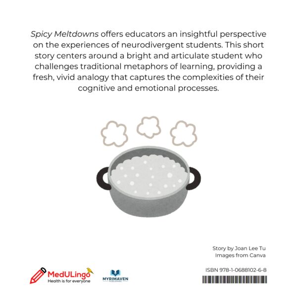 The back cover showing a boiling pot with clouds of steam, a description of the book, and logos for MedULingo and Myrimaven Publishing.