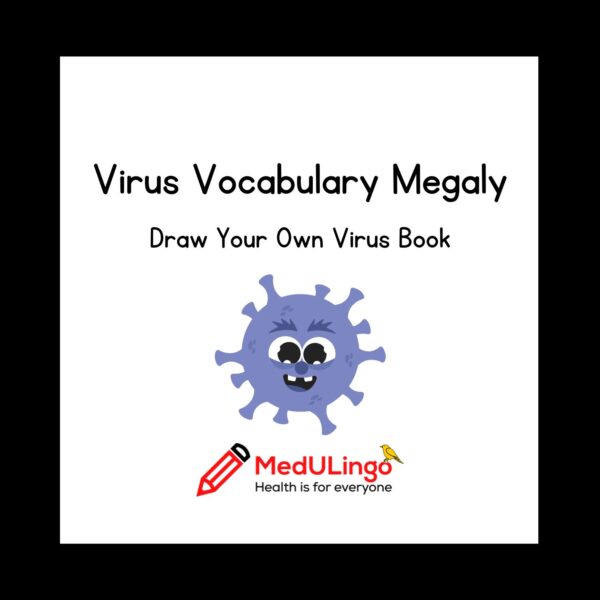 Book cover for Virus Vocabulary Megaly, Draw Your Own Virus Book, features a cartoon of a smiling virus