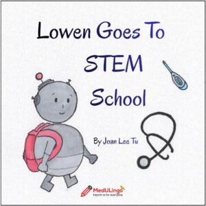 a robot with a red backpack walking, a stethoscope and a thermometer in the background